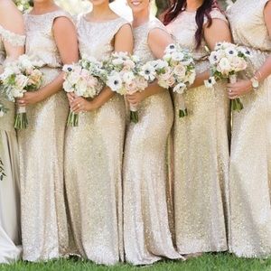 Bridesmaid David bridal gold sequin dress